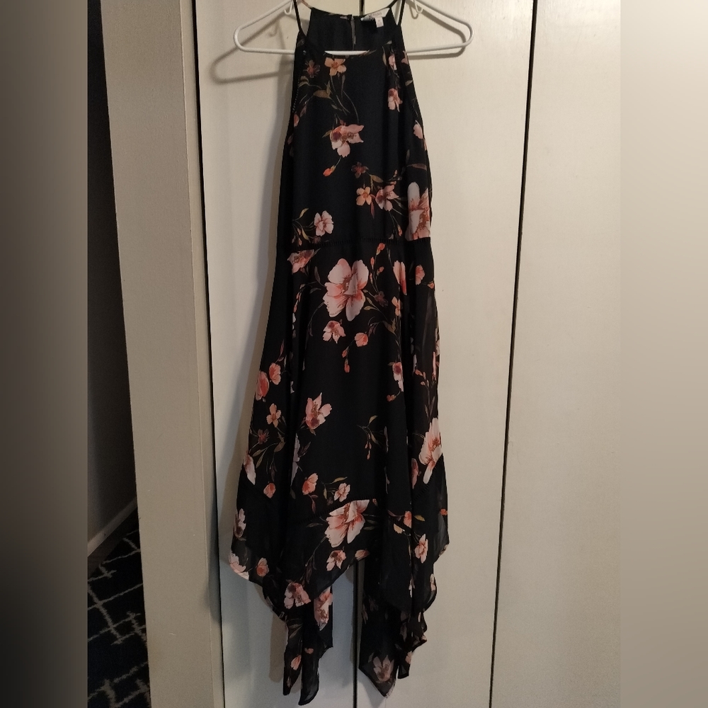 Candies halter dress with handkerchief hem and bright floral pattern